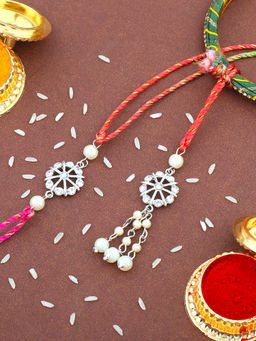 Estele - Rhodium Plated Star Design Bhaiya Bhabhi Rakhi with Multi Coloured Silk Thread