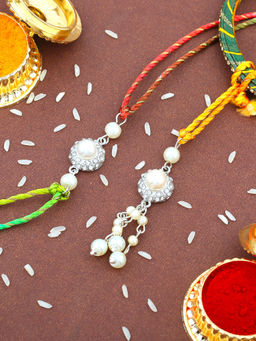 Estele - Rhodium Plated Pearl Bhaiya Bhabhi Rakhi with Multi Coloured Silk Thread