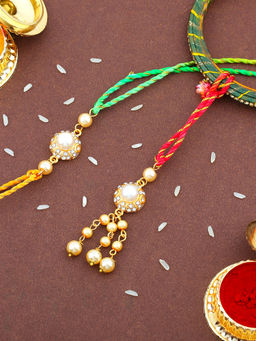 Estele - Gold Plated Pearl Bhaiya Bhabhi Rakhi with Multi Coloured Silk Thread