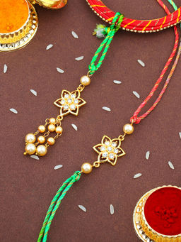 Estele - Gold Plated Floral Rakhi for Bhaiya Bhabhi with Silk Thread
