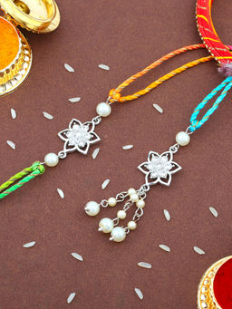 Estele - Rhodium Plated Floral Bhaiya Bhabhi Rakhi with Multi Coloured Silk Thread