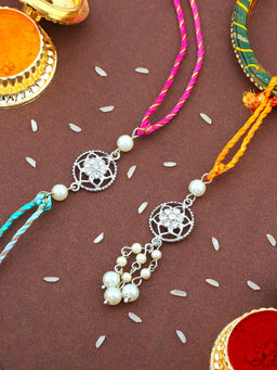 Estele - Rhodium Plated Floral Bhaiya Bhabhi Rakhi with Multicolor Silk Thread