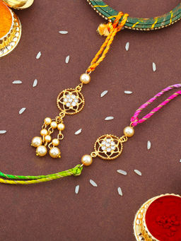 Estele - Gold Plated Floral Rakhi for Bhaiya Bhabhi with Silk Thread