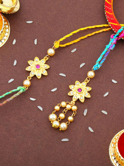 Estele - Gold Plated Matte Floral Bhaiya Bhabhi Rakhi with Multi Coloured Silk Thread