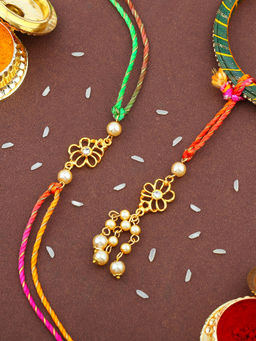 Estele - Gold Plated Jali Work Floral Bhaiya Bhabhi Rakhi with Multi Coloured Silk Thread