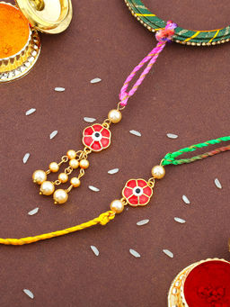 Estele - Gold Plated Red Floral Design Bhaiya Bhabhi Rakhi with Multi Coloured Silk Thread