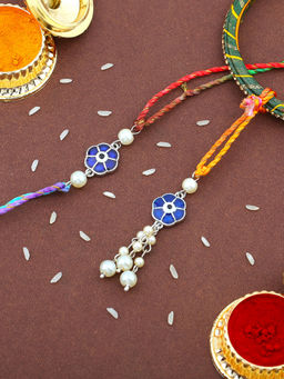 Estele - Rhodium Plated Floral Design Bhaiya Bhabhi Rakhi with Multicolor Silk Thread