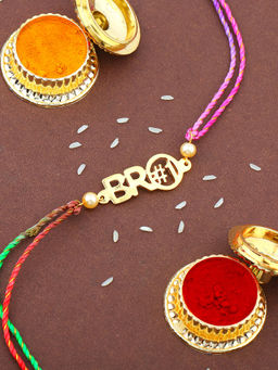 Estele - Gold Plated Bro#1 Rakhi with Pearls & Multi Coloured Silk Thread