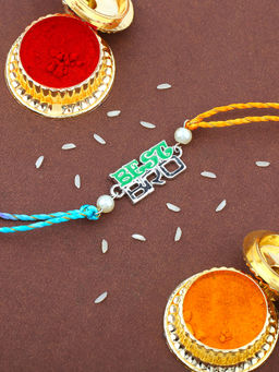 Estele - Rhodium Plated Green Enamel Best Bro Rakhi with Pearls & Multi Coloured Silk Thread