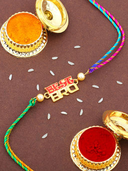 Estele - Gold Plated Red Enamel Best Bro Rakhi with Pearls & Multi Coloured Silk Thread