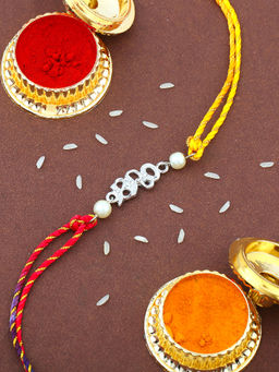 Estele - Rhodium Plated Designer Bro Rakhi with Crystals, Pearls & Multicoloured Silk Thread