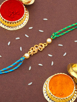 Estele - Gold Plated Designer Bro Rakhi with Crystals, Pearls & Multi Coloured Silk Thread