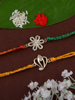Estele - Gold Plated Aadi Dev, Flower Rakhi with Crystals, Silk Thread (Pack Of 2)