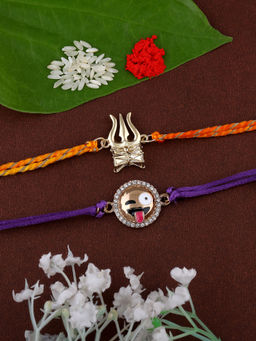 Estele - Gold Plated Emoji & Trishool, Damru Rakhi with Silk Thread (Pack Of 2)