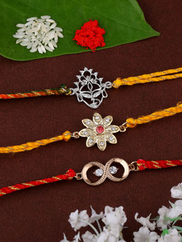 Estele - Gold, Rhodium Plated Maa Durga Rakhi with Silk Thread (Pack Of 3)