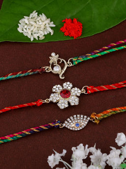 Estele - Gold Plated Om, Floral, Eye Multicolor Rakhi with Silk Thread (Pack Of 3)
