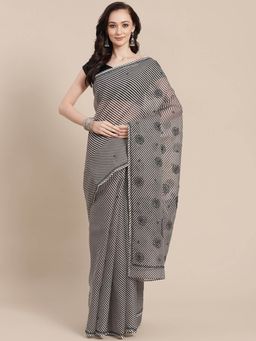ADA - Hand Embroidered Standard Black Kota Lucknow Women Chikan Saree with Unstitched Blouse A311347