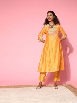 Jaipur Kurti - Yellow Chanderi Embroidered A-Line Princess-Cut Kurta with Pants (Set of 2)