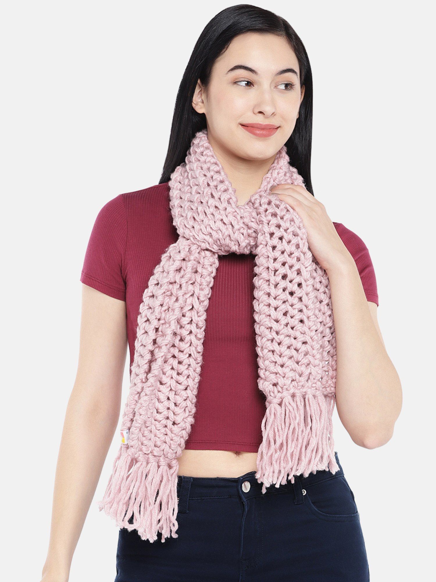 magic needles Women Pink Self Design Double Knit Handmade Scarf-picture-29