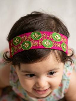 Choko - Pink Green Embroidered Floral Headband with Gold Thread Work