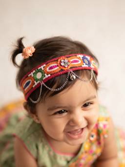 Choko - Red Multicolor Embroidered Beaded Headband with Floral Charm