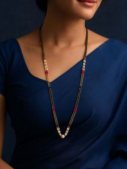 Digital Dress Room - Gold Plated Long Mangalsutra Double Line Pearl Black Beads Traditional Necklace
