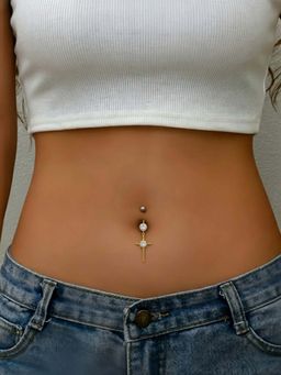 Accessher - Gold-Plated Cross Belly Button Ring with Crystal Stones