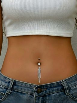 Accessher - Silver-Plated Rhinestone Tassel Belly Button Ring