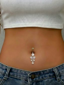 Accessher - Gold-Plated American Diamond Drop Belly Button Ring