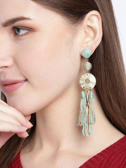 RICHEERA - Mint Green and Beige Antique Gold-Plated Tasselled Contemporary Drop Earrings