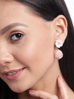 RICHEERA - Peach-Coloured Spherical and Floral Beaded and Sequinned Drop Earrings