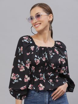 Style Quotient - Women Black Floral Print Top
