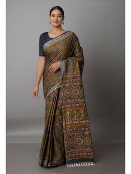 Unnati Silks - Brown Pure Block Printed Superfine Krisha Cotton Saree with Unstitched Blouse
