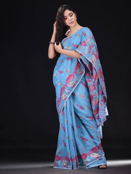 Beatitude - Blue Cotton Silk Woven Jacquard Jamdani Saree with Unstitched Blouse