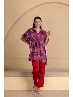 Private Lives - Wine Classic Night Suit In Geometric Print