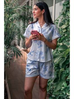 Private Lives - Blue Classic Night Suit In Floral Print