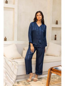 Private Lives - Navy Blue Classic Collar Night Suit In Stripes Printed