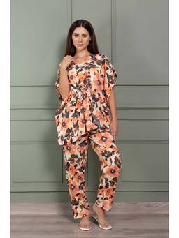 Private Lives - Peach Classic Collar Night Suit In Floral Print