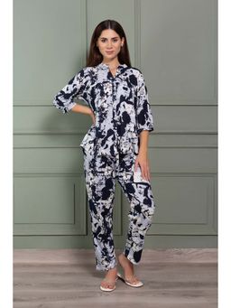Private Lives - Navy Blue Classic Collar Night Suit In Abstract Print