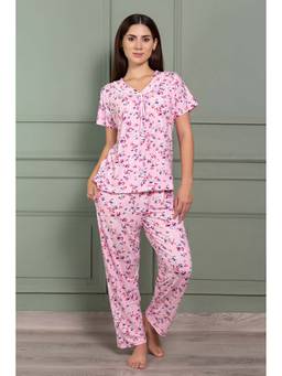 Private Lives - Pink Classic Collar Night Suit In Printed