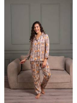 Private Lives - Beige Classic Collar Night Suit In Printed Satin