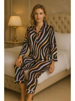 Private Lives - Black Classic Collar Night Suit In Printed