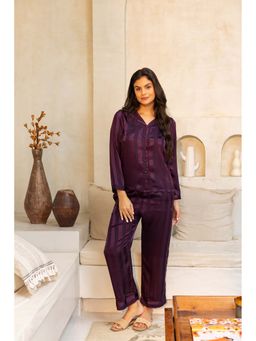 Private Lives - Wine Classic Collar Night Suit In Stripes Printed