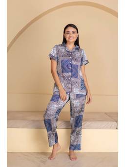 Private Lives - Blue Classic Night Suit In Geometric Print