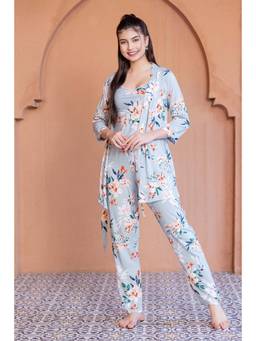 Private Lives - Blue Classic Night Suit In Abstract Print
