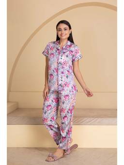 Private Lives - Mauve Classic Collar Night Suit In Floral Print