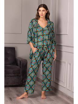 Private Lives - Blue Classic Night Suit In Abstract Print