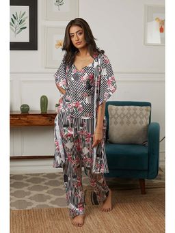 Private Lives - Black Classic Night Suit In Stripes Floral Print