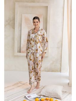Private Lives - Beige Classic Collar Night Suit In Printed