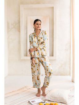 Private Lives - Cream Classic Collar Night Suit In Printed